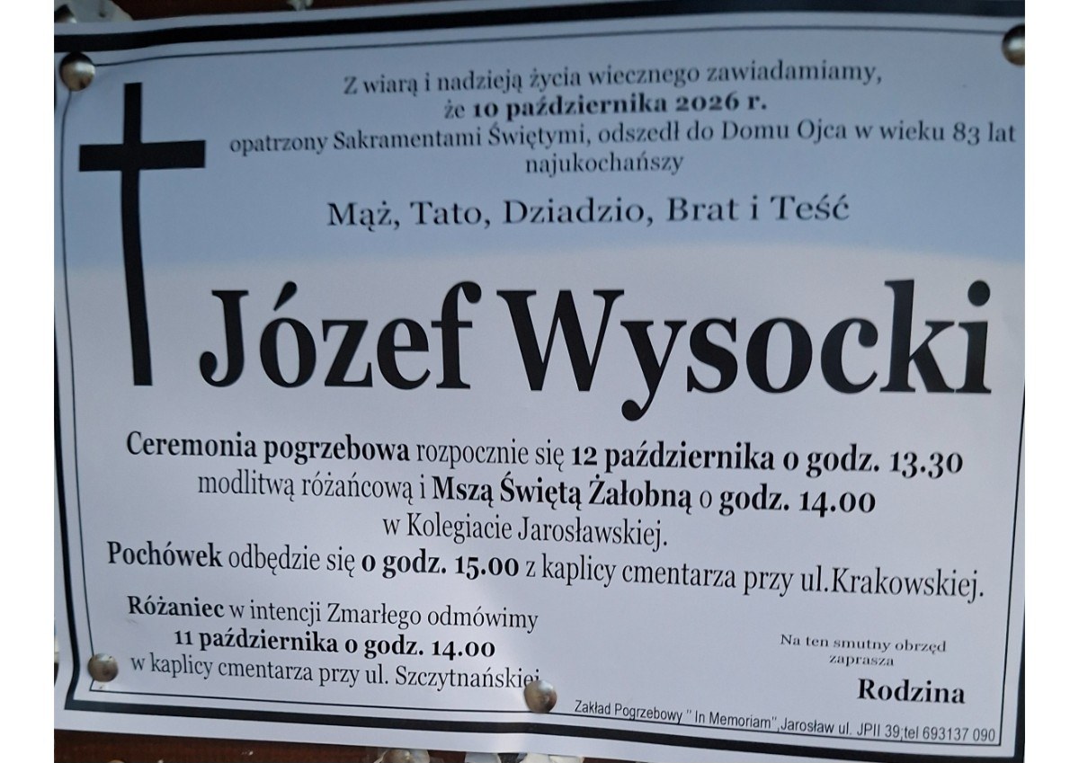 Nekrolog: śp. Józef Wysocki, zm. 10 października 2026 r.