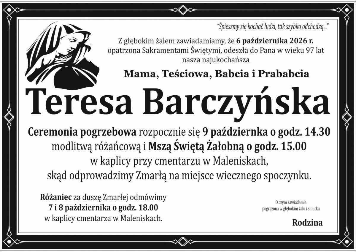 Nekrolog: śp. Teresa Barczyńska, zm. 6 października 2026 r.