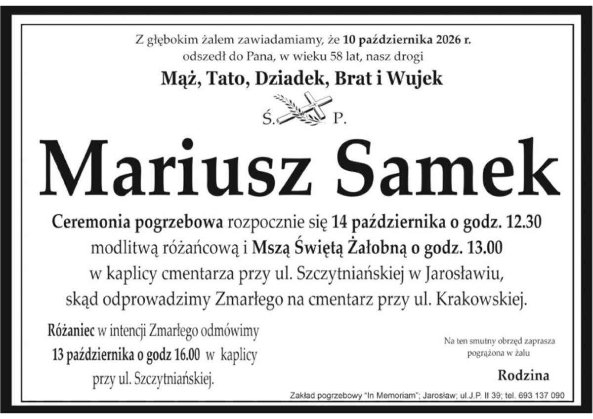 Nekrolog: śp. Mariusz Samek, zm. 10 października 2026 r.