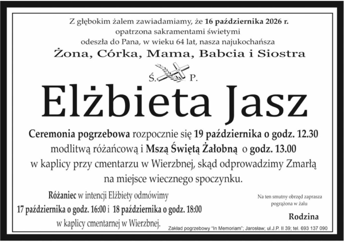Nekrolog: śp. Elżbieta Jasz, zm. 16 października 2026 r.