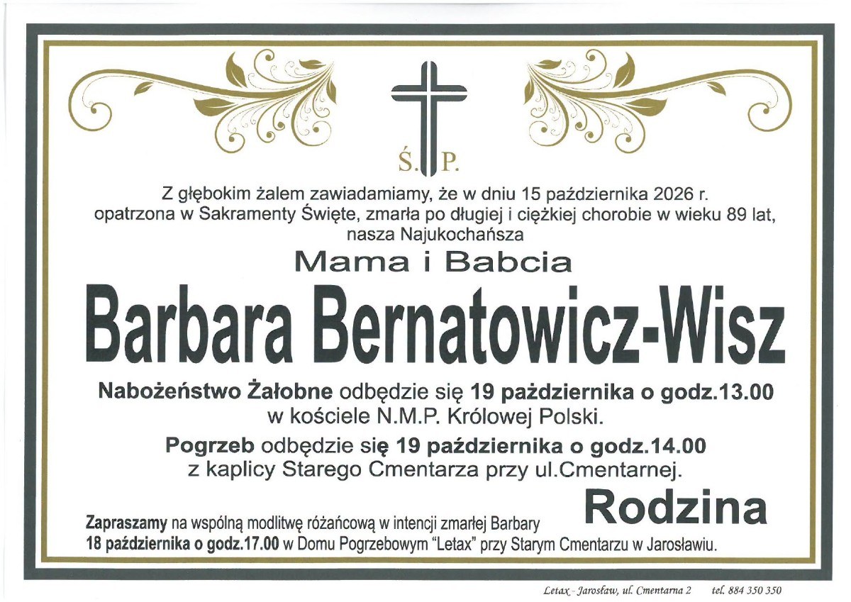 Nekrolog: śp. Barbara Bernatowicz-Wisz, zm. 15 października 2026 r.