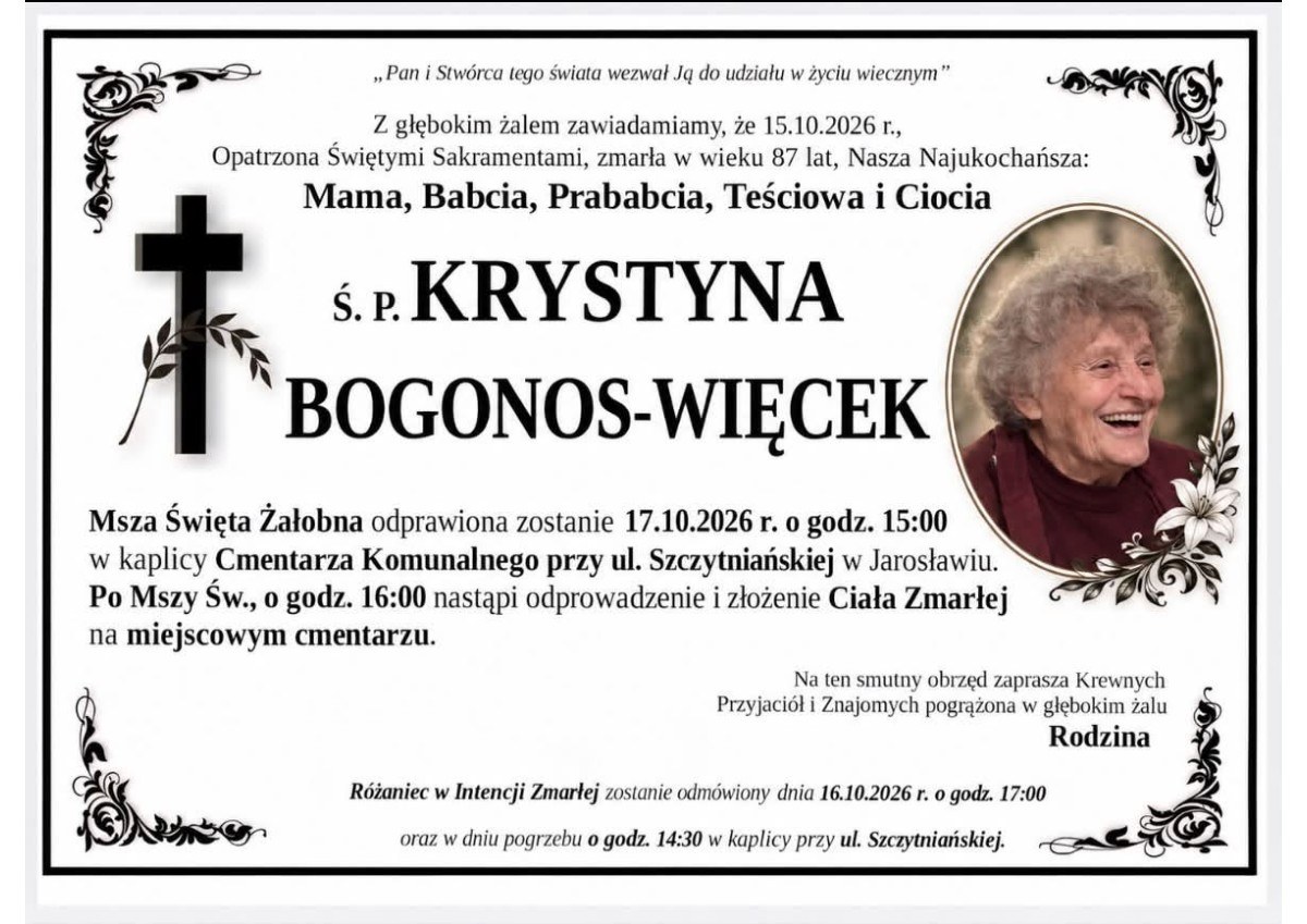 Nekrolog: śp. Krystyna Bogonos-Więcek, zm. 15 października 2026 r.
